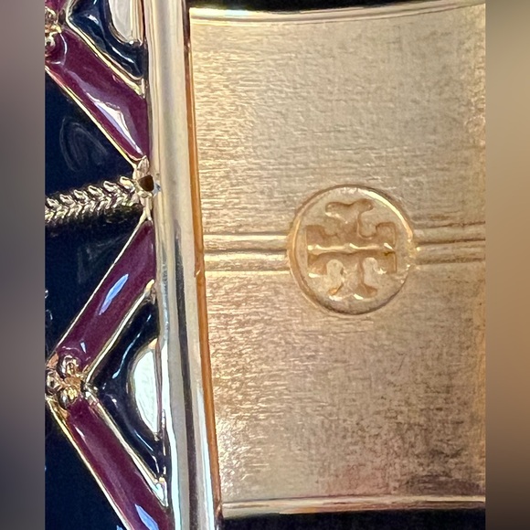 Vintage Tory Burch Wide Enamel Metal Cuff Bracelet Navy Blue Red Gold Geometric - Picture 3 of 5